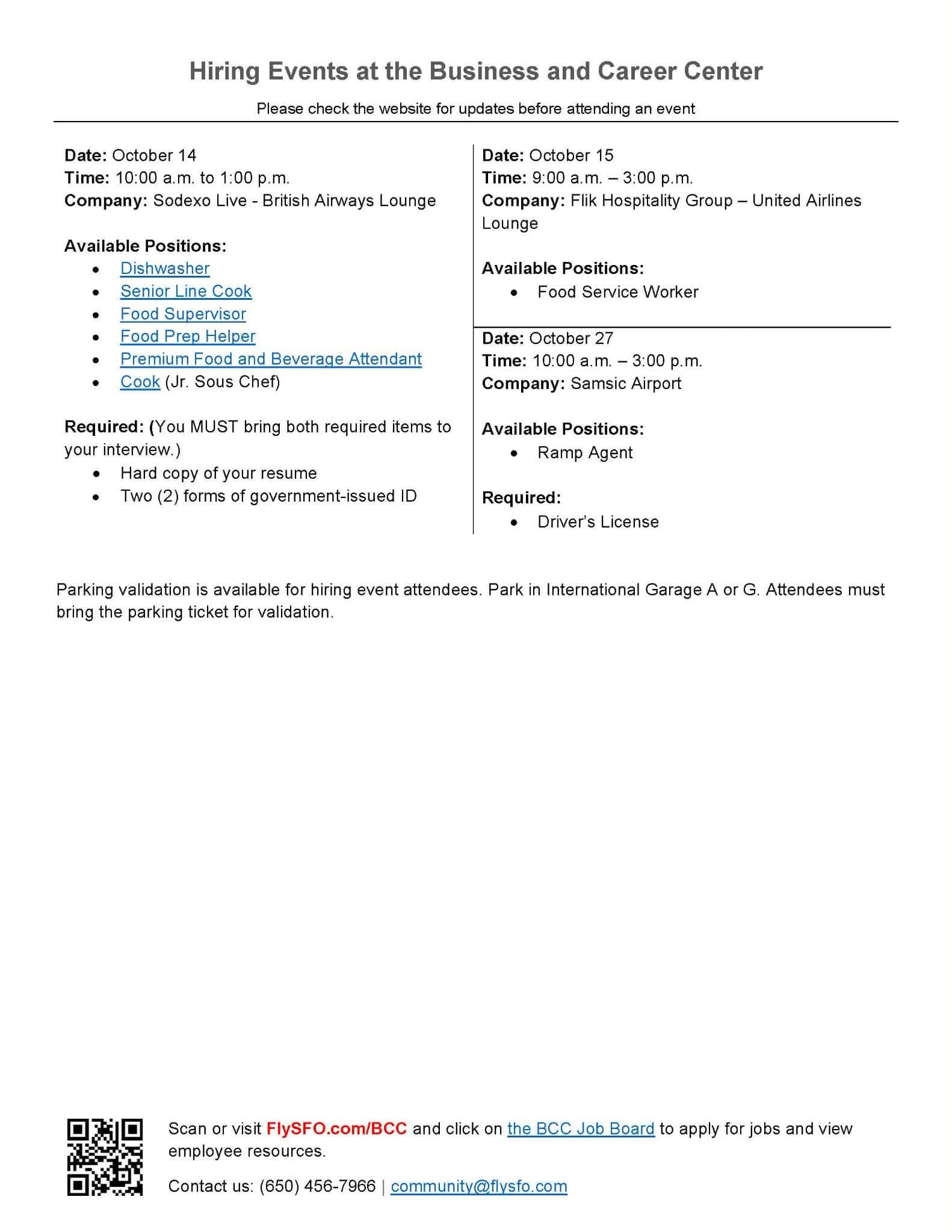 SFO Business and Career Center hiring events — October 14, 15 and 27