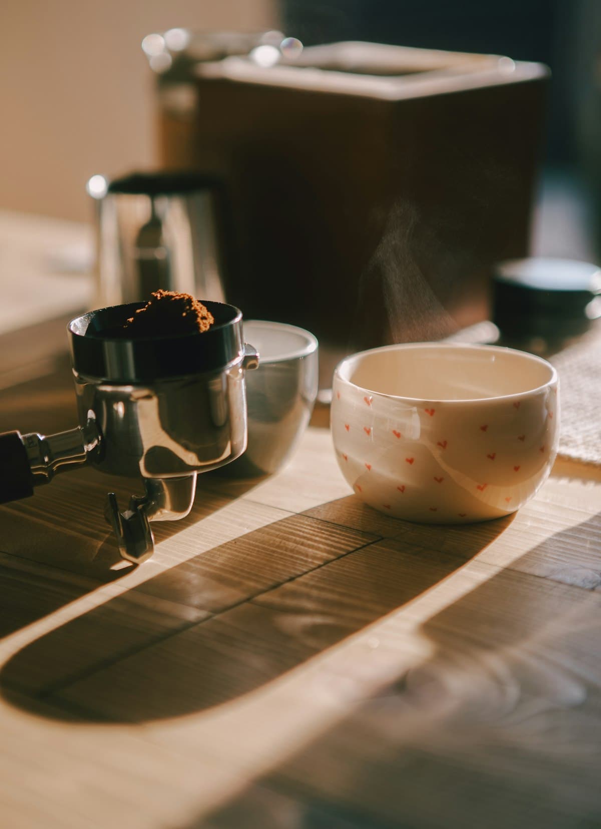 Illustrative cup of coffee on a wooden café table